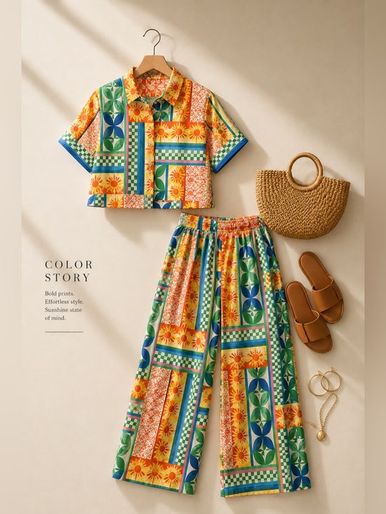 Christian Siriano Other - Christian Siriano 2 Piece Linen Blend Patchwork Resort Set Pants Top M/L